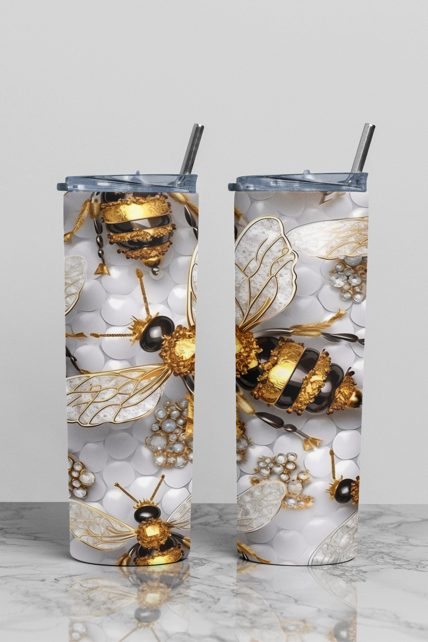 "Luxe Buzz - Gold & Black Bees with Crystal" 20oz. Skinny Tumbler